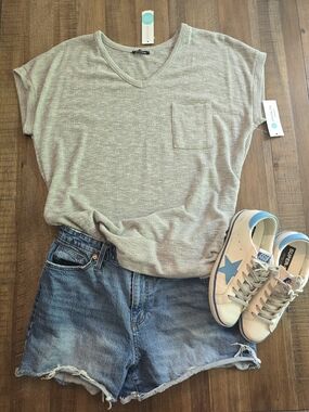 Heathered Knit Pocket Tee Dolman Sleeve Top